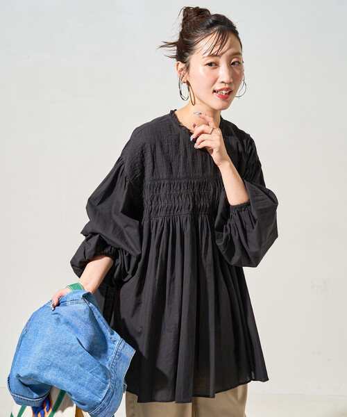 限定展開 インド ピンタック ギャザー ロングスリーブ ブラウス