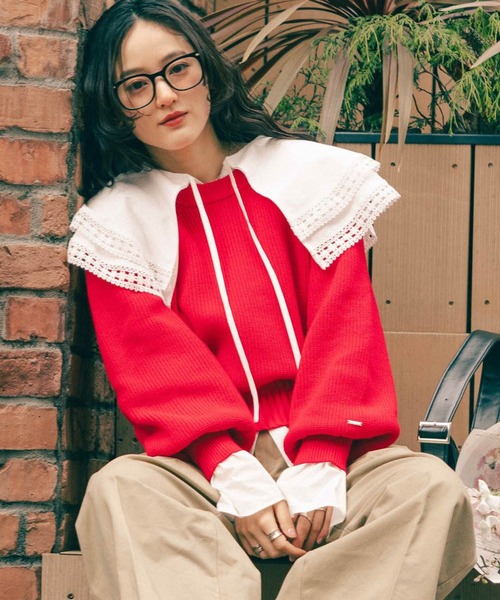 RAGEBLUE（レイジブルー）の「＜Bloomy Yarn Knit＞アゼ編みコットンクルーネックニット（ニット/セーター・レディース・グレー/ライトブルー/ピンク/レッド・FREE）」の4枚目の写真