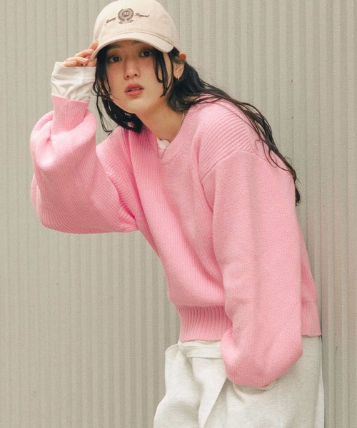 RAGEBLUE（レイジブルー）の「＜Bloomy Yarn Knit＞アゼ編みコットンクルーネックニット（ニット/セーター・レディース・グレー/ライトブルー/ピンク/レッド・FREE）」の3枚目の写真