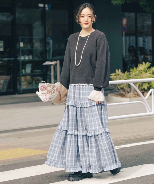 RAGEBLUE（レイジブルー）の「＜Bloomy Yarn Knit＞アゼ編みコットンクルーネックニット（ニット/セーター・レディース・グレー/ライトブルー/ピンク/レッド・FREE）」の6枚目の写真