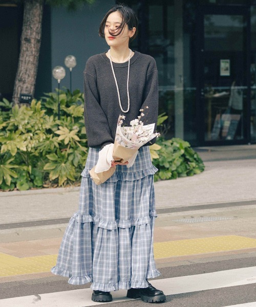 RAGEBLUE（レイジブルー）の「＜Bloomy Yarn Knit＞アゼ編みコットンクルーネックニット（ニット/セーター・レディース・グレー/ライトブルー/ピンク/レッド・FREE）」の7枚目の写真