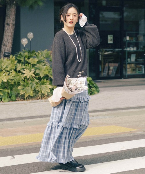 RAGEBLUE（レイジブルー）の「＜Bloomy Yarn Knit＞アゼ編みコットンクルーネックニット（ニット/セーター・レディース・グレー/ライトブルー/ピンク/レッド・FREE）」の8枚目の写真