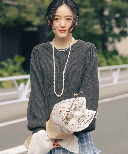 RAGEBLUE（レイジブルー）の「＜Bloomy Yarn Knit＞アゼ編みコットンクルーネックニット（ニット/セーター・レディース・グレー/ライトブルー/ピンク/レッド・FREE）」の9枚目の写真