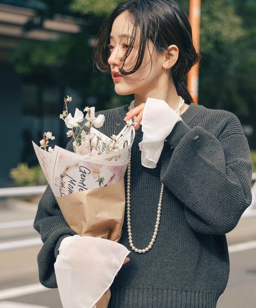 RAGEBLUE（レイジブルー）の「＜Bloomy Yarn Knit＞アゼ編みコットンクルーネックニット（ニット/セーター・レディース・グレー/ライトブルー/ピンク/レッド・FREE）」の12枚目の写真