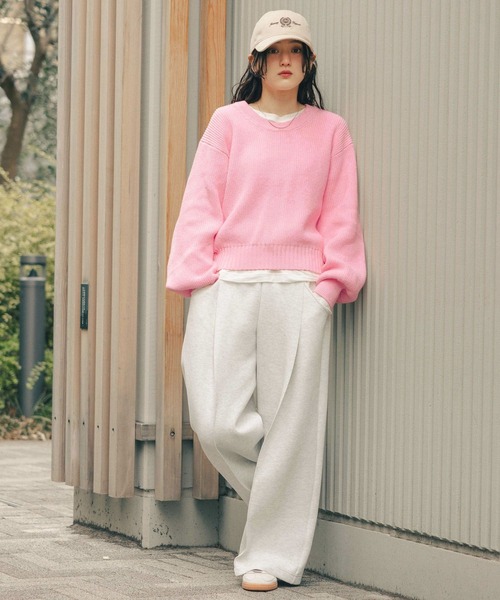 RAGEBLUE（レイジブルー）の「＜Bloomy Yarn Knit＞アゼ編みコットンクルーネックニット（ニット/セーター・レディース・グレー/ライトブルー/ピンク/レッド・FREE）」の14枚目の写真