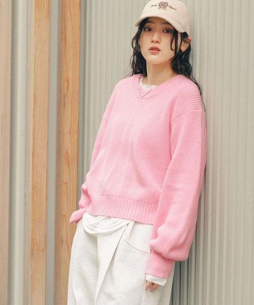 RAGEBLUE（レイジブルー）の「＜Bloomy Yarn Knit＞アゼ編みコットンクルーネックニット（ニット/セーター・レディース・グレー/ライトブルー/ピンク/レッド・FREE）」の17枚目の写真