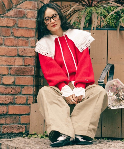 RAGEBLUE（レイジブルー）の「＜Bloomy Yarn Knit＞アゼ編みコットンクルーネックニット（ニット/セーター・レディース・グレー/ライトブルー/ピンク/レッド・FREE）」の21枚目の写真