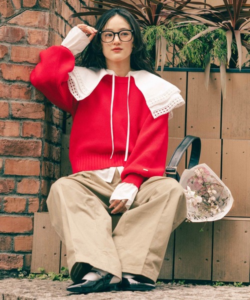 RAGEBLUE（レイジブルー）の「＜Bloomy Yarn Knit＞アゼ編みコットンクルーネックニット（ニット/セーター・レディース・グレー/ライトブルー/ピンク/レッド・FREE）」の22枚目の写真