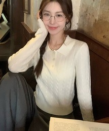 ケーブル編み 長袖 ポロニット 無地