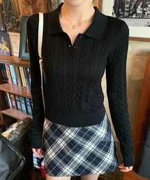 ケーブル編み 長袖 ポロニット 無地