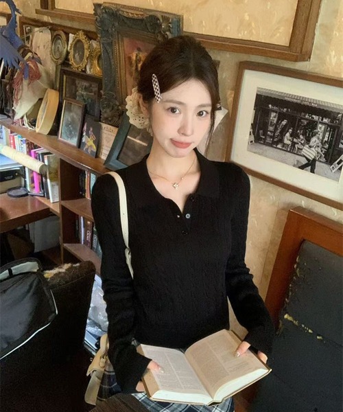 WESTSEA(ウエストシー)の「ケーブル編み 長袖 ポロニット 無地(ニット/セーター・レディース・ホワイト/グレー/ブラック・FREE)」の9枚目の写真