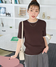 限定展開 配色 ライン リブ 半袖 ニット トップス
