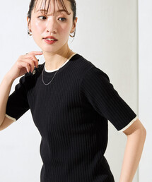 限定展開　配色 ライン リブ 半袖 ニット トップス