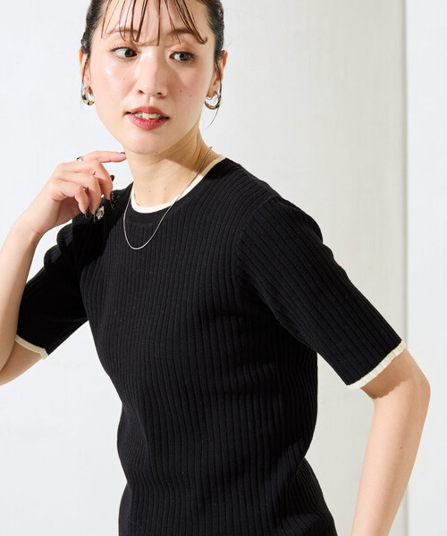 セール】限定展開 配色 ライン リブ 半袖 ニット トップス（ニット