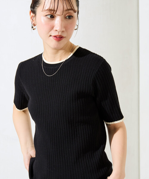 FREAK'S STORE(フリークスストア)の「限定展開 配色 ライン リブ 半袖 ニット トップス(ニット/セーター・レディース・ネイビー/ベージュ/グレー/ナチュラル/ブラウン/ブラック・フリ-)」の12枚目の写真