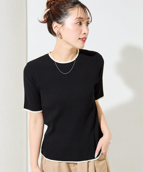 FREAK'S STORE(フリークスストア)の「限定展開 配色 ライン リブ 半袖 ニット トップス(ニット/セーター・レディース・ネイビー/ベージュ/グレー/ナチュラル/ブラウン/ブラック・フリ-)」の14枚目の写真