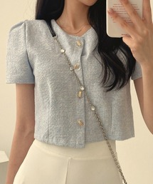SEU（エスイーユー）の「きらめくツイードに、ときめきを。ツイード風ノーカラー半袖ジャケット オフィスカジュアル きれいめカジュアル レディース韓国風（ノーカラージャケット）」