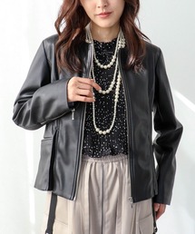 Three Four Time（スリーフォータイム）の「ペプラムフェイクレザージャケット（ライダースジャケット）」