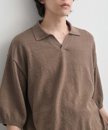 <接触冷感/UVカット>ルーズシルエット ショート丈 スキッパーブークレニットポロシャツ