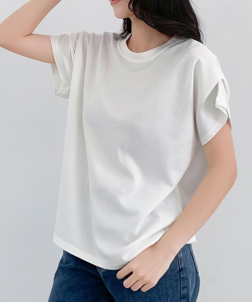 LOWO（ロワ）の「タックスリーブ カットソー Tシャツ 半袖（Tシャツ/カットソー・レディース・グレー/ベージュ/ホワイト/ブラック/チャコールグレー・FREE）」の16枚目の写真
