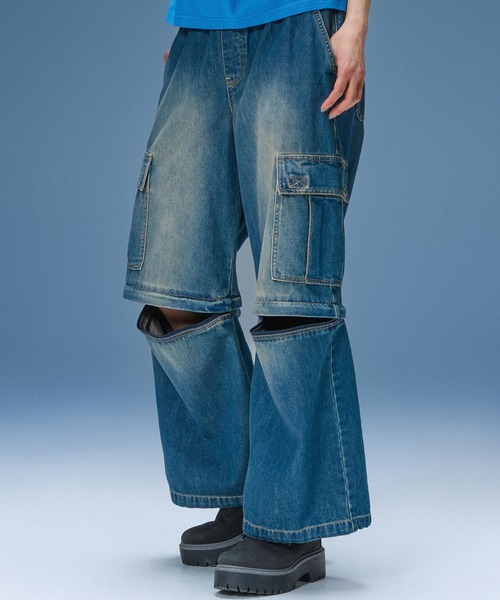 X-girl（エックスガール）の「FADED 2WAY WIDE LEG DENIM CARGO PANTS（デニムパンツ・レディース・インディゴブルー/ライトインディゴブルー・S/M）」の3枚目の写真