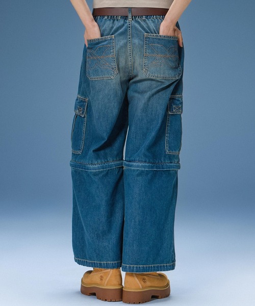 X-girl（エックスガール）の「FADED 2WAY WIDE LEG DENIM CARGO PANTS（デニムパンツ・レディース・インディゴブルー/ライトインディゴブルー・S/M）」の5枚目の写真