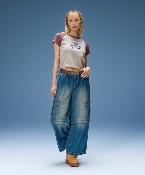 X-girl（エックスガール）の「FADED 2WAY WIDE LEG DENIM CARGO PANTS（デニムパンツ・レディース・インディゴブルー/ライトインディゴブルー・S/M）」の6枚目の写真