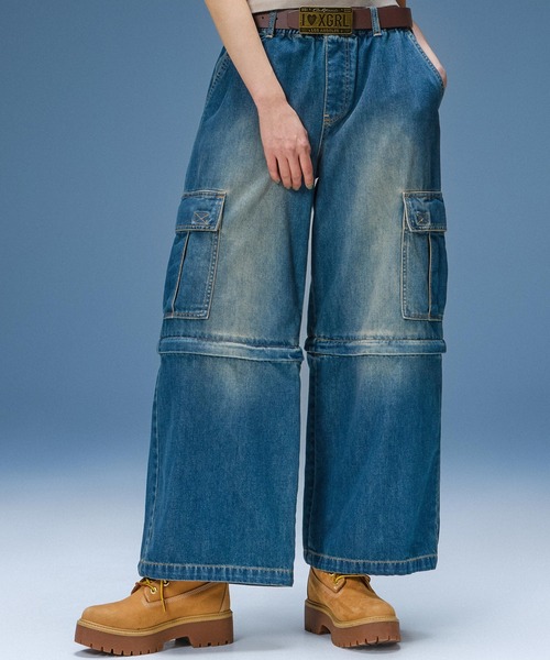 X-girl（エックスガール）の「FADED 2WAY WIDE LEG DENIM CARGO PANTS（デニムパンツ・レディース・インディゴブルー/ライトインディゴブルー・S/M）」の4枚目の写真
