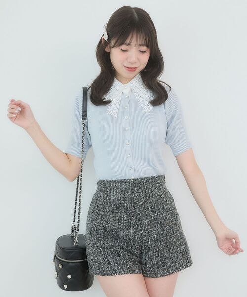 MAJESTIC LEGON（マジェスティックレゴン）の「レースリボン襟ハーフスリーブニット（ニット/セーター・レディース・ブラック/アイボリー/ライトグリーン/チャコールグレー/ブルー・MEDIUM）」の5枚目の写真