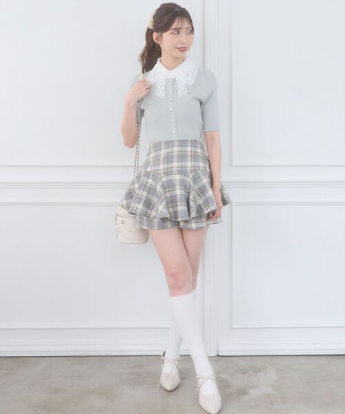 MAJESTIC LEGON（マジェスティックレゴン）の「レースリボン襟ハーフスリーブニット（ニット/セーター・レディース・ブラック/アイボリー/ライトグリーン/チャコールグレー/ブルー・MEDIUM）」の7枚目の写真