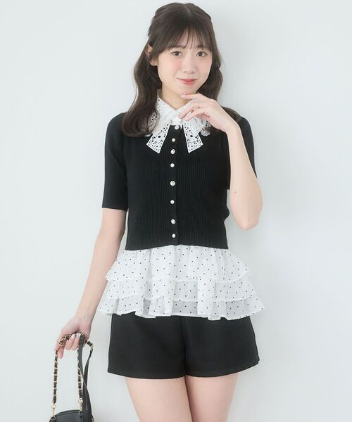 MAJESTIC LEGON（マジェスティックレゴン）の「レースリボン襟ハーフスリーブニット（ニット/セーター・レディース・ブラック/アイボリー/ライトグリーン/チャコールグレー/ブルー・MEDIUM）」の16枚目の写真