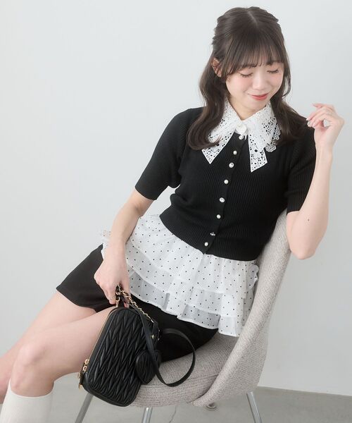 MAJESTIC LEGON（マジェスティックレゴン）の「レースリボン襟ハーフスリーブニット（ニット/セーター・レディース・ブラック/アイボリー/ライトグリーン/チャコールグレー/ブルー・MEDIUM）」の6枚目の写真