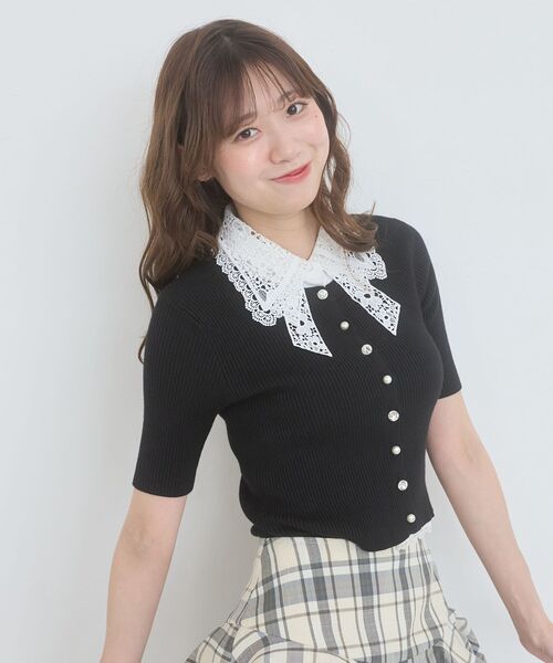 MAJESTIC LEGON（マジェスティックレゴン）の「レースリボン襟ハーフスリーブニット（ニット/セーター・レディース・ブラック/アイボリー/ライトグリーン/チャコールグレー/ブルー・MEDIUM）」の21枚目の写真