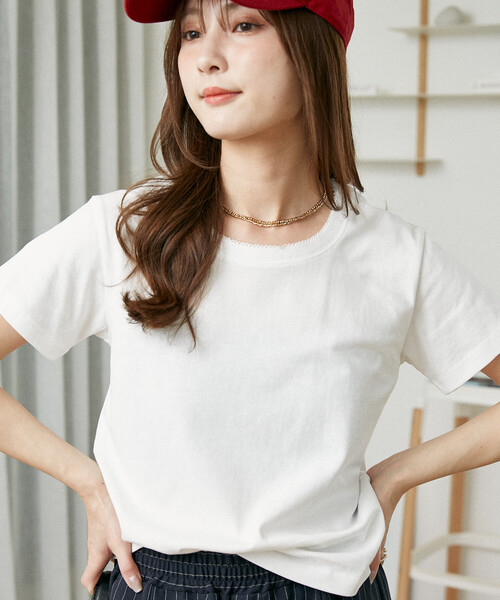 PUBLUX(パブリュクス)の「PUBLUX/パブリュクス ピコレース クルーネック Tシャツ 限定展開(Tシャツ/カットソー・レディース・チャコールグレー/ネイビー/ブラウン/ホワイト・フリ-)」の1枚目の写真