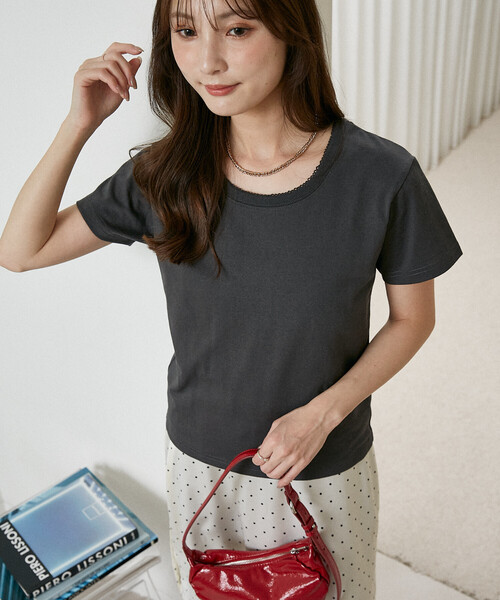 PUBLUX(パブリュクス)の「PUBLUX/パブリュクス ピコレース クルーネック Tシャツ 限定展開(Tシャツ/カットソー・レディース・チャコールグレー/ネイビー/ブラウン/ホワイト・フリ-)」の19枚目の写真