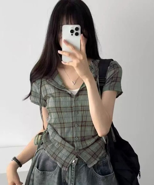 WESTSEA（ウエストシー）の「チェック柄 フード付き 半袖シャツ コンパクト丈 ドロスト シャツパーカー（シャツ/ブラウス・レディース・ネイビー/アイボリー/カーキ・M/L）」の2枚目の写真