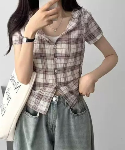 WESTSEA（ウエストシー）の「チェック柄 フード付き 半袖シャツ コンパクト丈 ドロスト シャツパーカー（シャツ/ブラウス・レディース・ネイビー/アイボリー/カーキ・M/L）」の4枚目の写真