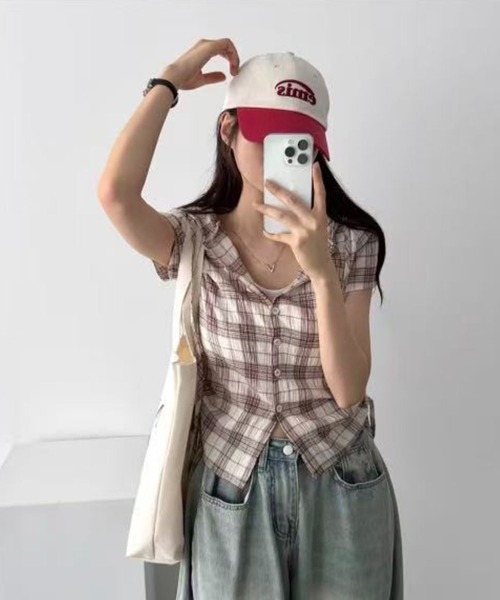 WESTSEA（ウエストシー）の「チェック柄 フード付き 半袖シャツ コンパクト丈 ドロスト シャツパーカー（シャツ/ブラウス・レディース・ネイビー/アイボリー/カーキ・M/L）」の6枚目の写真