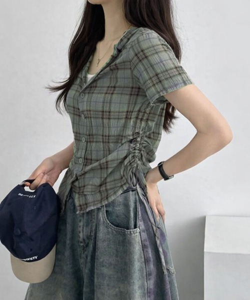 WESTSEA（ウエストシー）の「チェック柄 フード付き 半袖シャツ コンパクト丈 ドロスト シャツパーカー（シャツ/ブラウス・レディース・ネイビー/アイボリー/カーキ・M/L）」の9枚目の写真