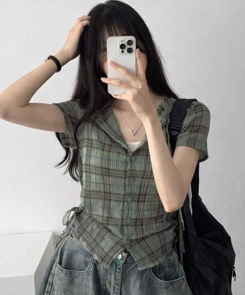 WESTSEA（ウエストシー）の「チェック柄 フード付き 半袖シャツ コンパクト丈 ドロスト シャツパーカー（シャツ/ブラウス・レディース・ネイビー/アイボリー/カーキ・M/L）」の13枚目の写真