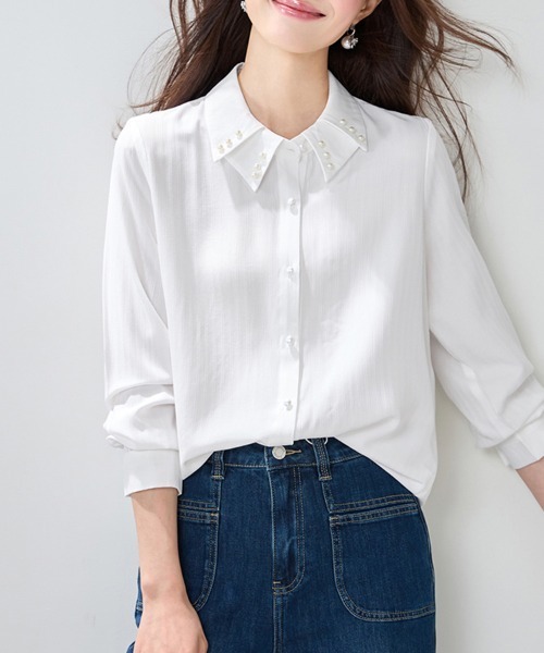 ReRe(リリ)の「パール調×織り模様デザインブラウス(シャツ/ブラウス・レディース・ホワイト・MEDIUM/LARGE/X-LARGE)」の6枚目の写真