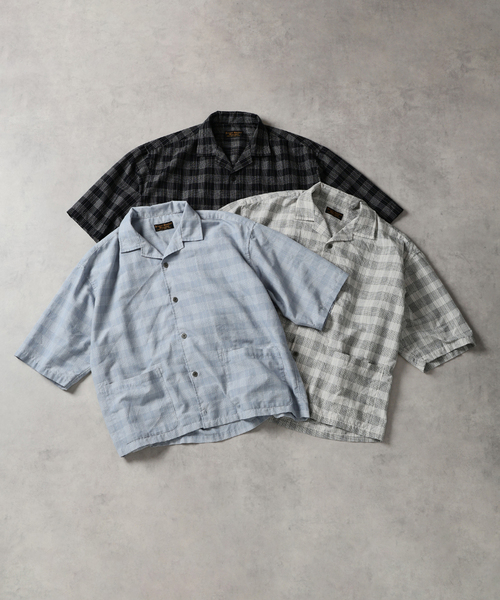 JOURNAL STANDARD J.S HOMESTEAD(ジャーナルスタンダードホームステッド)の「J.S.Homestead / ブークレ チェック リラックス オープン カラー シャツ(シャツ/ブラウス・メンズ・ブラック系その他/サックスブルー/ホワイト系その他・MEDIUM/LARGE)」の6枚目の写真