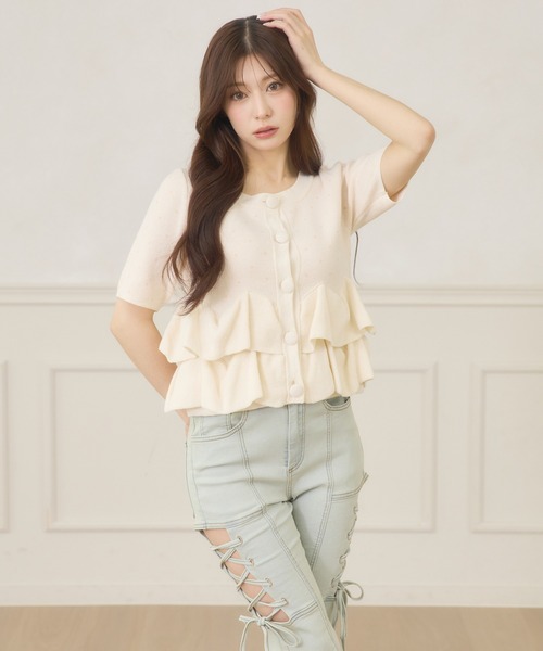 Ambre Neige(アンブルネージュ)の「dot flill Peplum knit cardigan / ドットフリルペプラムニットカーディガン(カーディガン/ボレロ・レディース・ブラック/ネイビー/サックスブルー/アイボリー・FREE)」の2枚目の写真