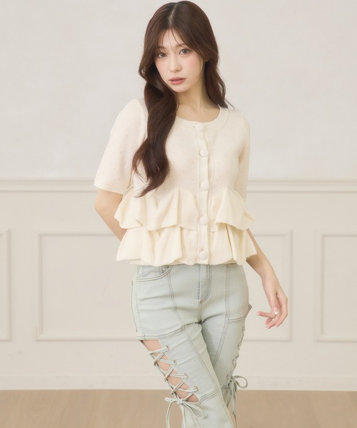 Ambre Neige(アンブルネージュ)の「dot flill Peplum knit cardigan / ドットフリルペプラムニットカーディガン(カーディガン/ボレロ・レディース・ブラック/ネイビー/サックスブルー/アイボリー・FREE)」の5枚目の写真