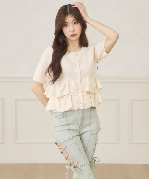 Ambre Neige(アンブルネージュ)の「dot flill Peplum knit cardigan / ドットフリルペプラムニットカーディガン(カーディガン/ボレロ・レディース・ブラック/ネイビー/サックスブルー/アイボリー・FREE)」の6枚目の写真
