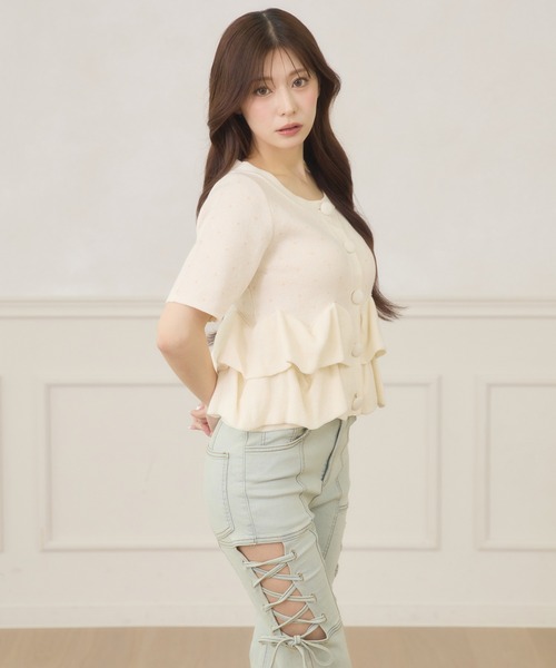 Ambre Neige(アンブルネージュ)の「dot flill Peplum knit cardigan / ドットフリルペプラムニットカーディガン(カーディガン/ボレロ・レディース・ブラック/ネイビー/サックスブルー/アイボリー・FREE)」の7枚目の写真
