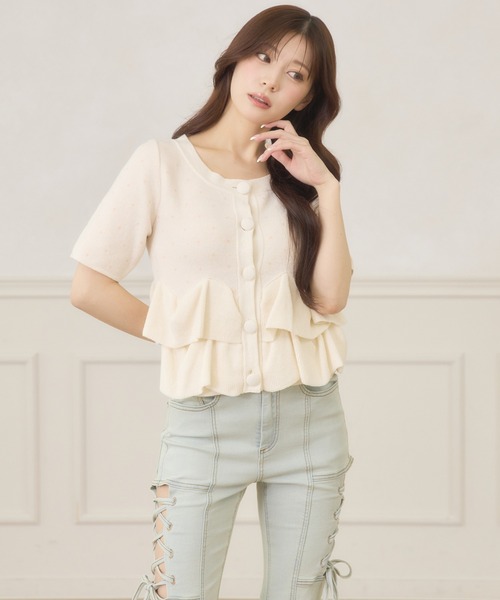 Ambre Neige(アンブルネージュ)の「dot flill Peplum knit cardigan / ドットフリルペプラムニットカーディガン(カーディガン/ボレロ・レディース・ブラック/ネイビー/サックスブルー/アイボリー・FREE)」の8枚目の写真
