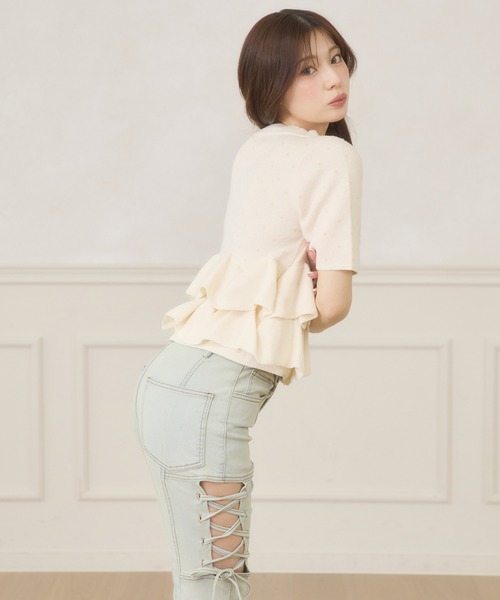 Ambre Neige(アンブルネージュ)の「dot flill Peplum knit cardigan / ドットフリルペプラムニットカーディガン(カーディガン/ボレロ・レディース・ブラック/ネイビー/サックスブルー/アイボリー・FREE)」の9枚目の写真