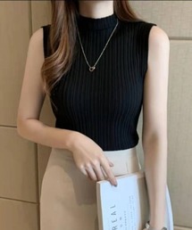ランダムリブハイネック ノースリーブトップス