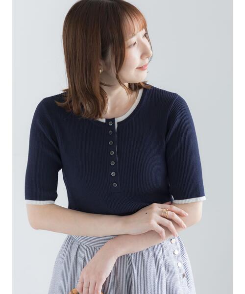 セール】【UVカット】ヘンリーネック5分袖配色リブニット（ニット